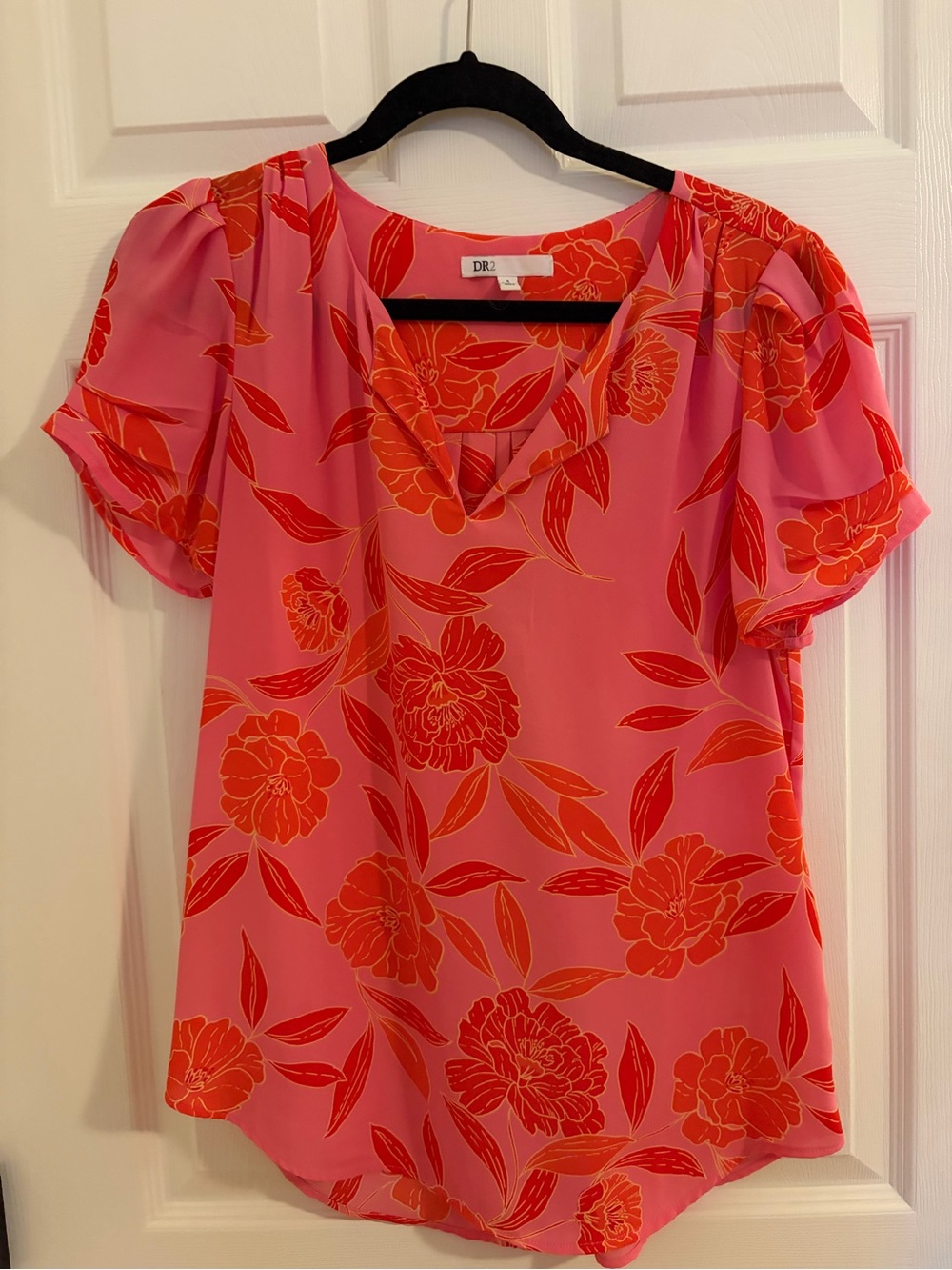 DR2 Pink Floral V-Neck Puff Sleeve Blouse with Orange Print
